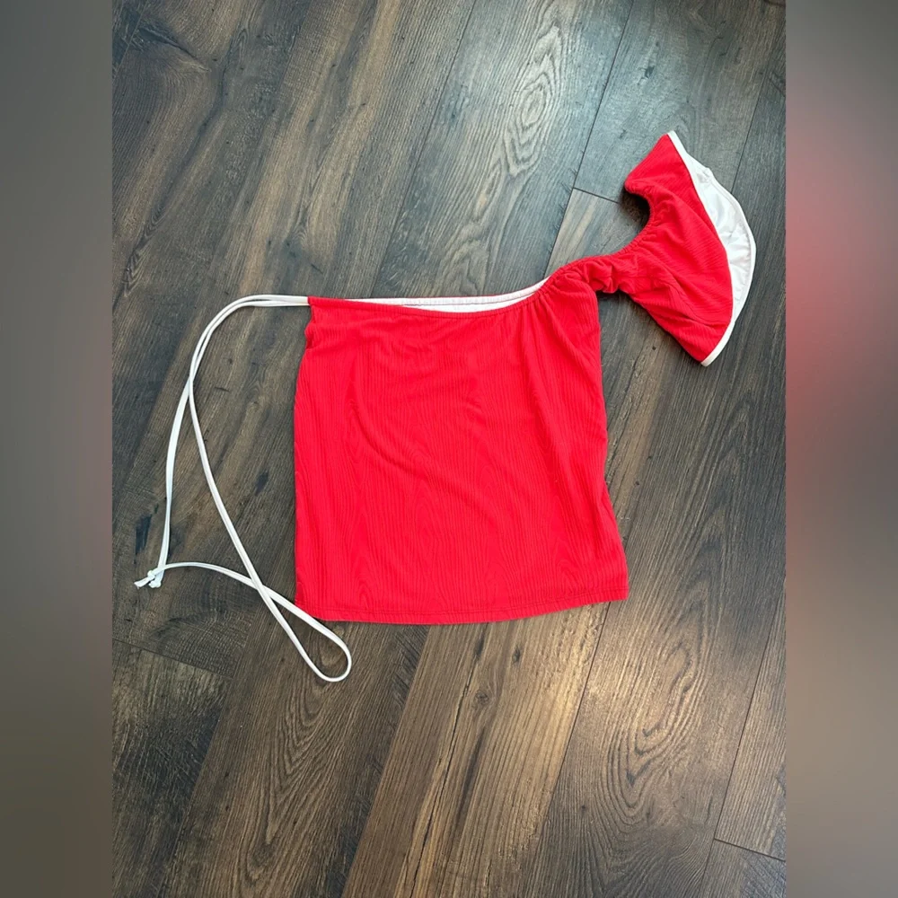 Frankie’s Bikinis Women’s One Shoulder Textured Red Flame Tankini Top Size S